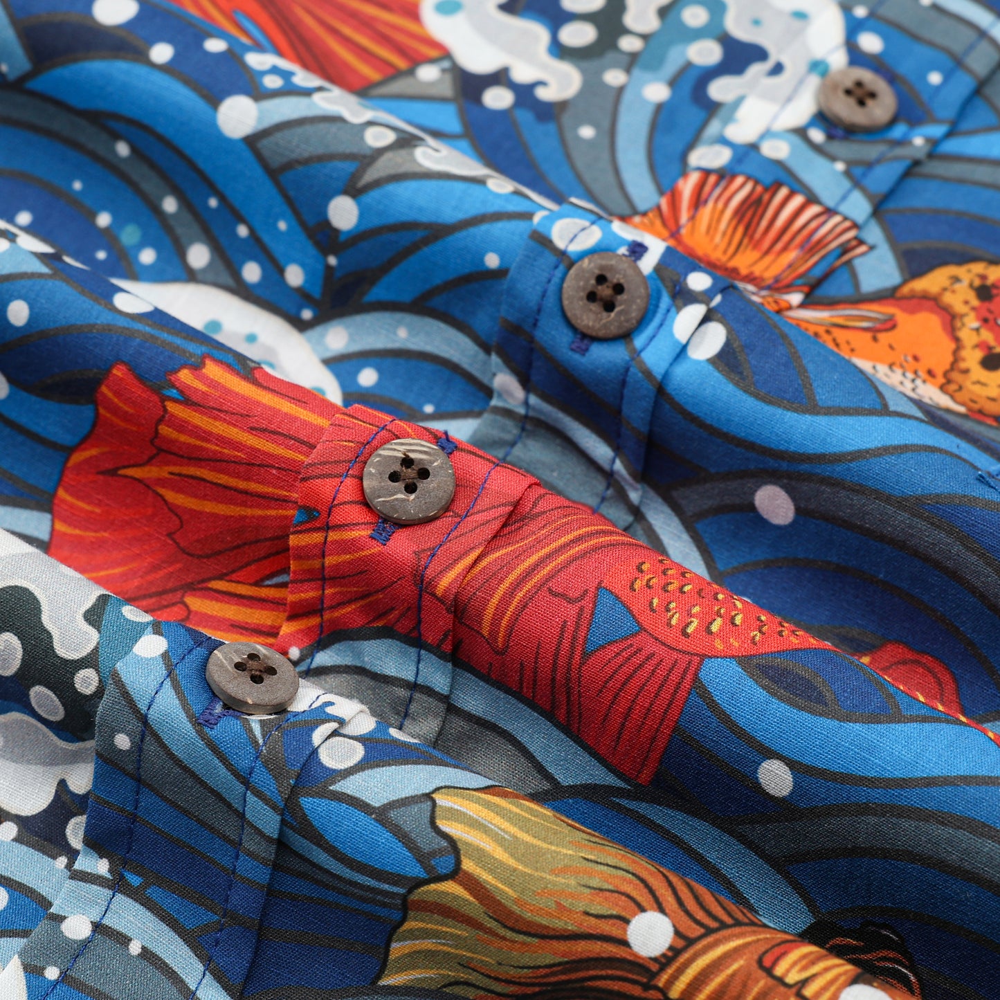 Sailboat Wave Koi Fish Pattern Button Short Sleeve Shirt