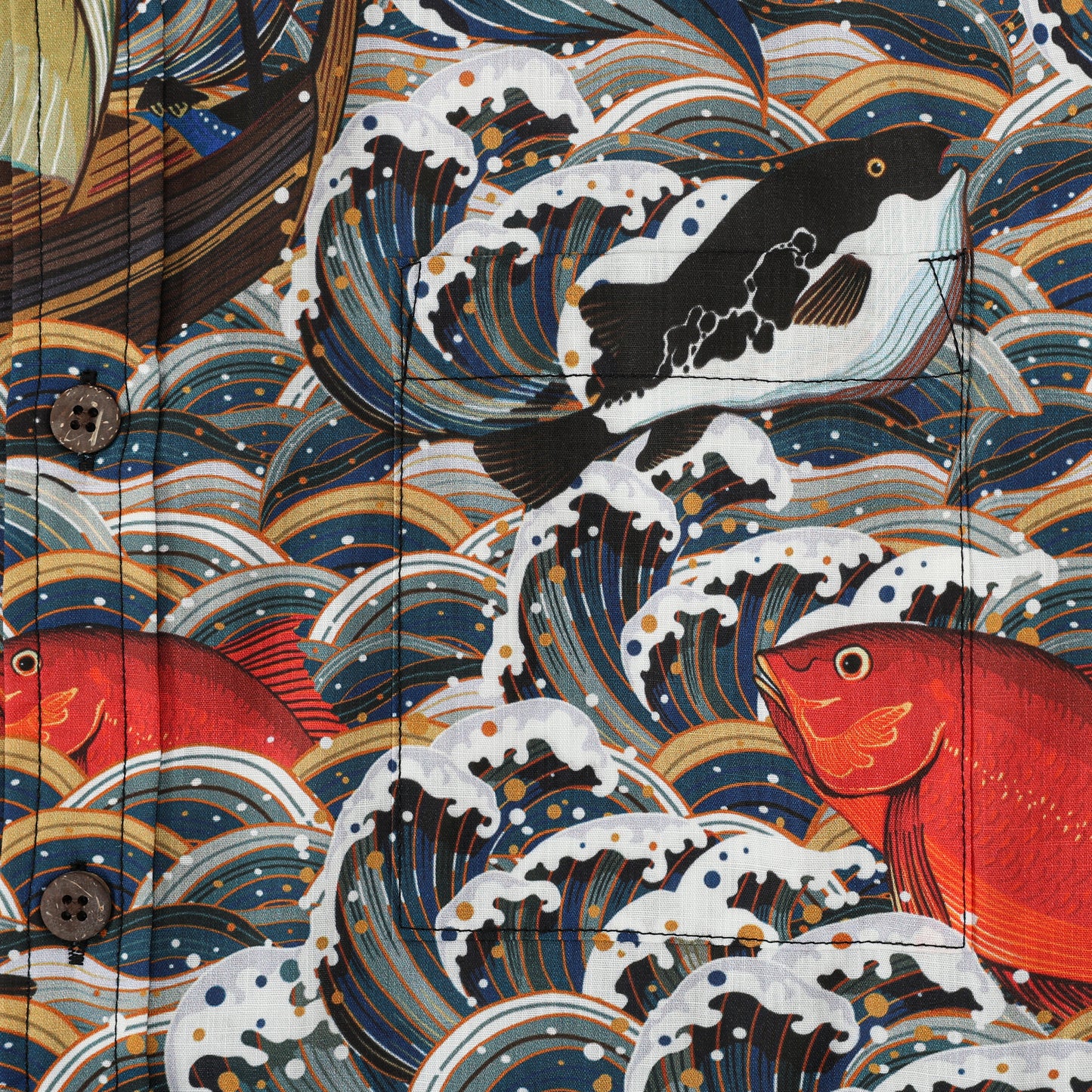 Crane Wave Koi Fish Pattern Button Short Sleeve Shirt