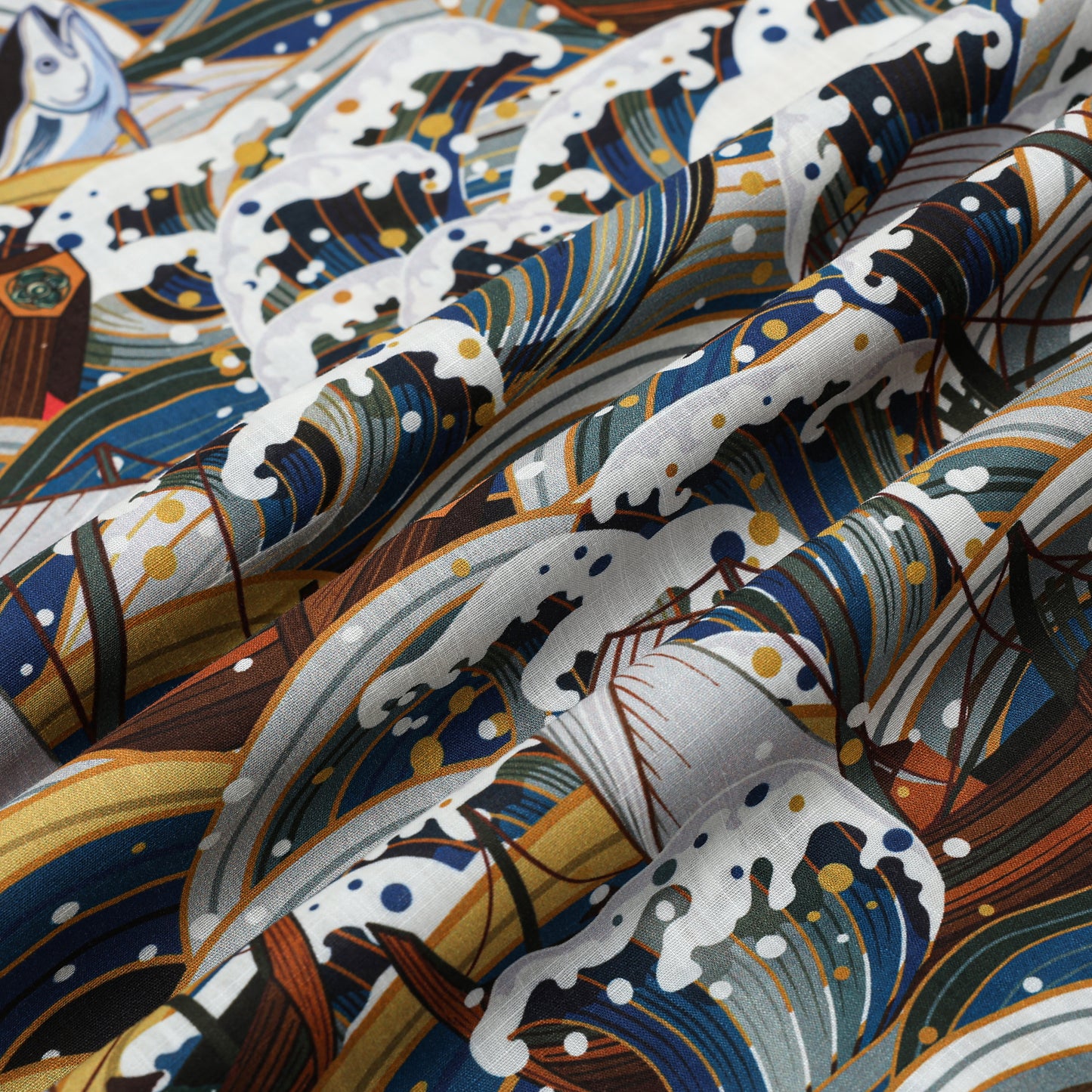 Sailboat Wave Fish Pattern Button Short Sleeve Shirt