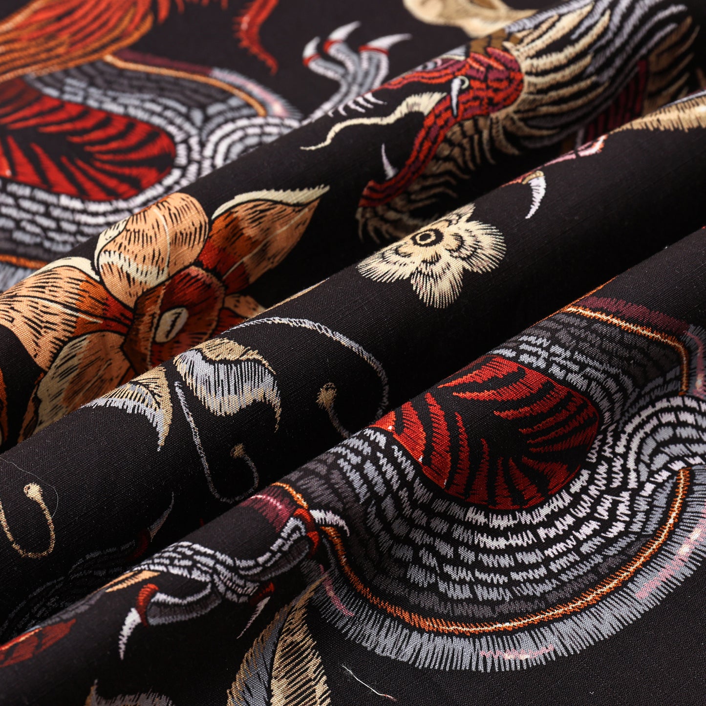 Dragon Floral Pattern Button Short Sleeve Shirt