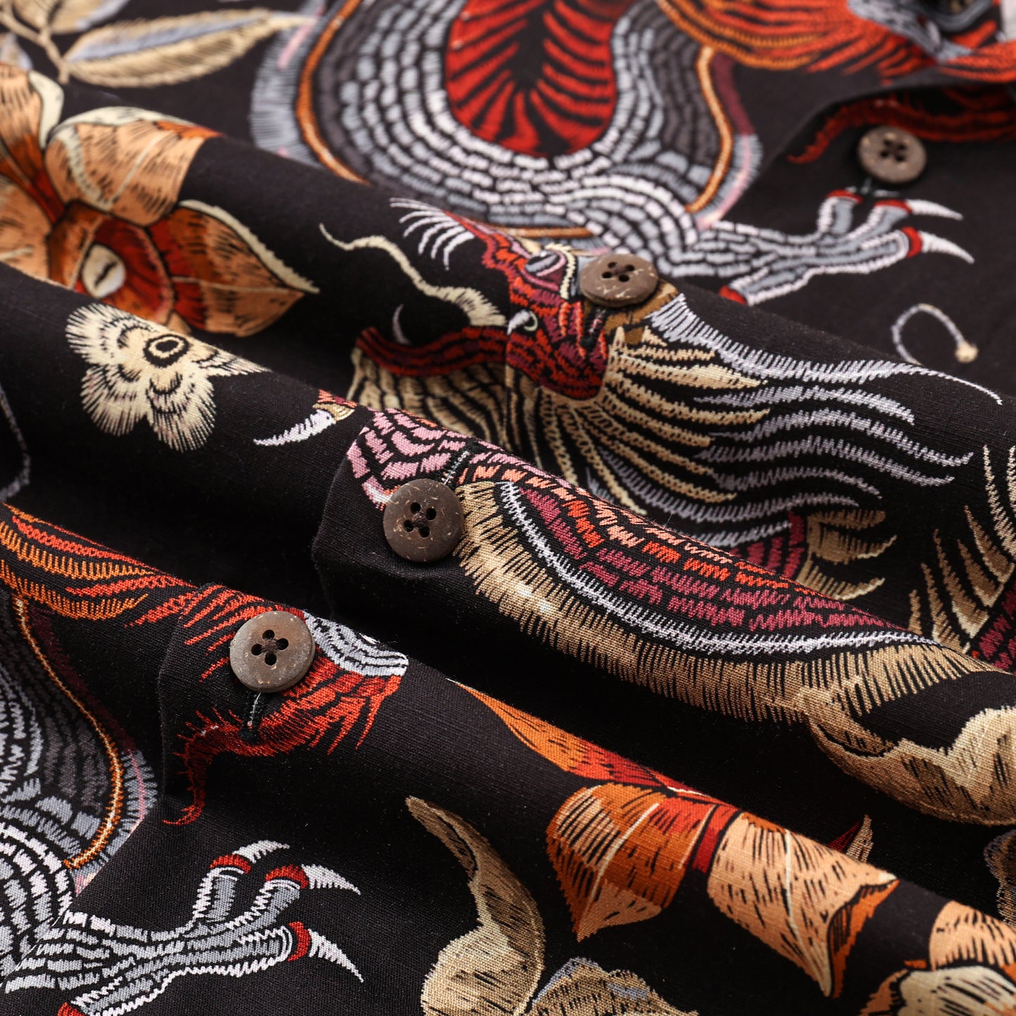 Dragon Floral Pattern Button Short Sleeve Shirt