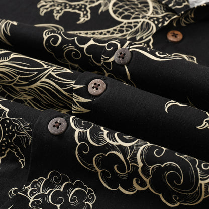 Dragon Pattern Button Short Sleeve Shirt in Black