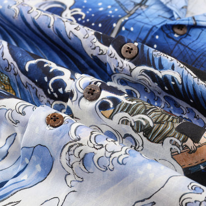 Sea Wave Ukiyoe Style Button Short Sleeve Shirt