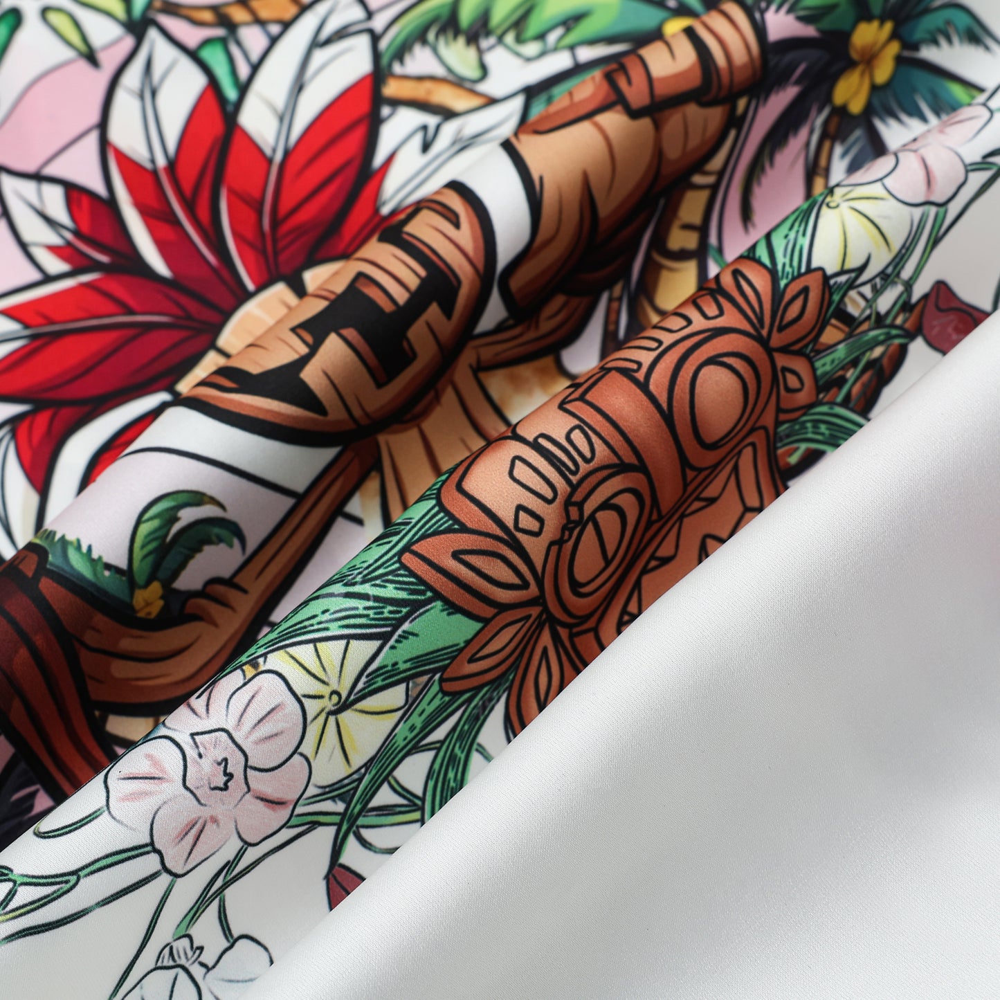 Tropical Tiki Statue Floral Pattern Short Sleeve Camp Collar Shirt