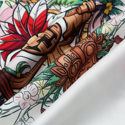 Tropical Tiki Statue Floral Pattern Short Sleeve Camp Collar Shirt