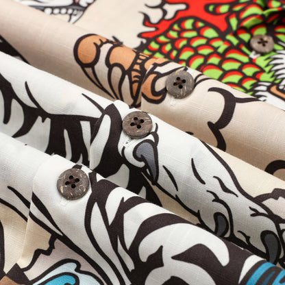 Japanese Tiger Dragon Printed Camp Collar Short Sleeve Shirt
