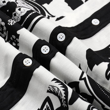 Black Flower Pattern Button Short Sleeve Shirt