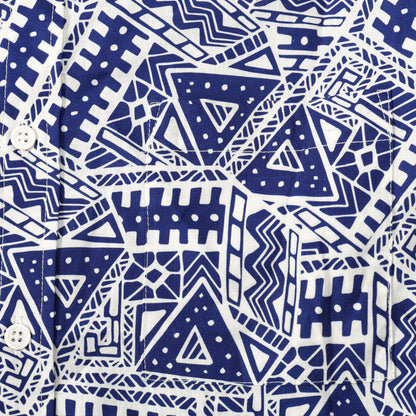Blue Geometric Pattern Button Short Sleeve Shirt