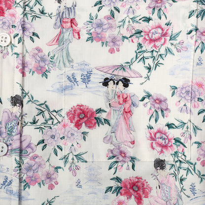 Ancient Female Floral Pattern Button Short Sleeve Shirt