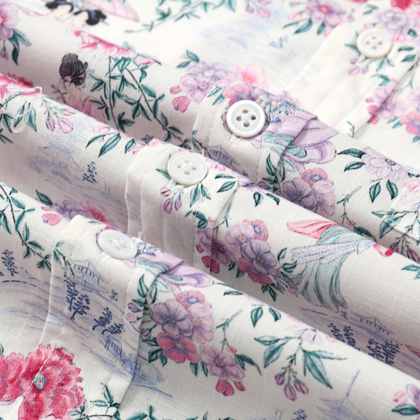 Ancient Female Floral Pattern Button Short Sleeve Shirt