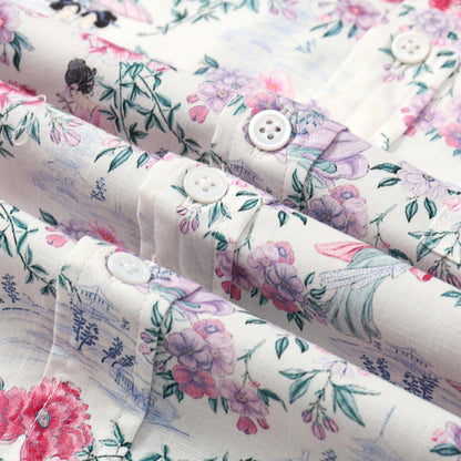 Ancient Female Floral Pattern Button Short Sleeve Shirt