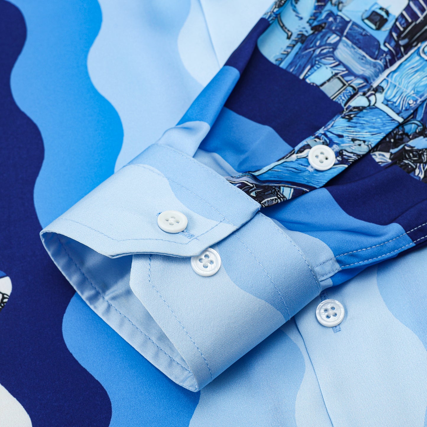 Blue Ferry Pattern Camp Collar Casual Long Sleeve Camp Collar Shirt for Men