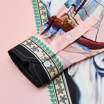 Pink Goddess Statue Pattern Camp Collar Long Sleeve Shirt