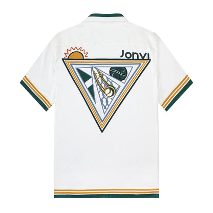 Stripe Pattern Tennis Court Print Short Sleeve Camp Collar Shirt