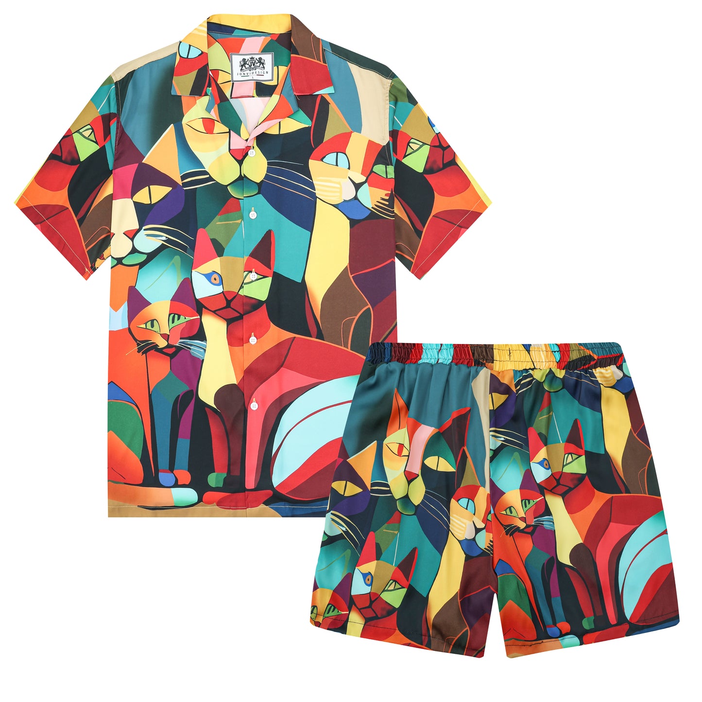 Colorful Cats Camp Collar Short Sleeve Shirt