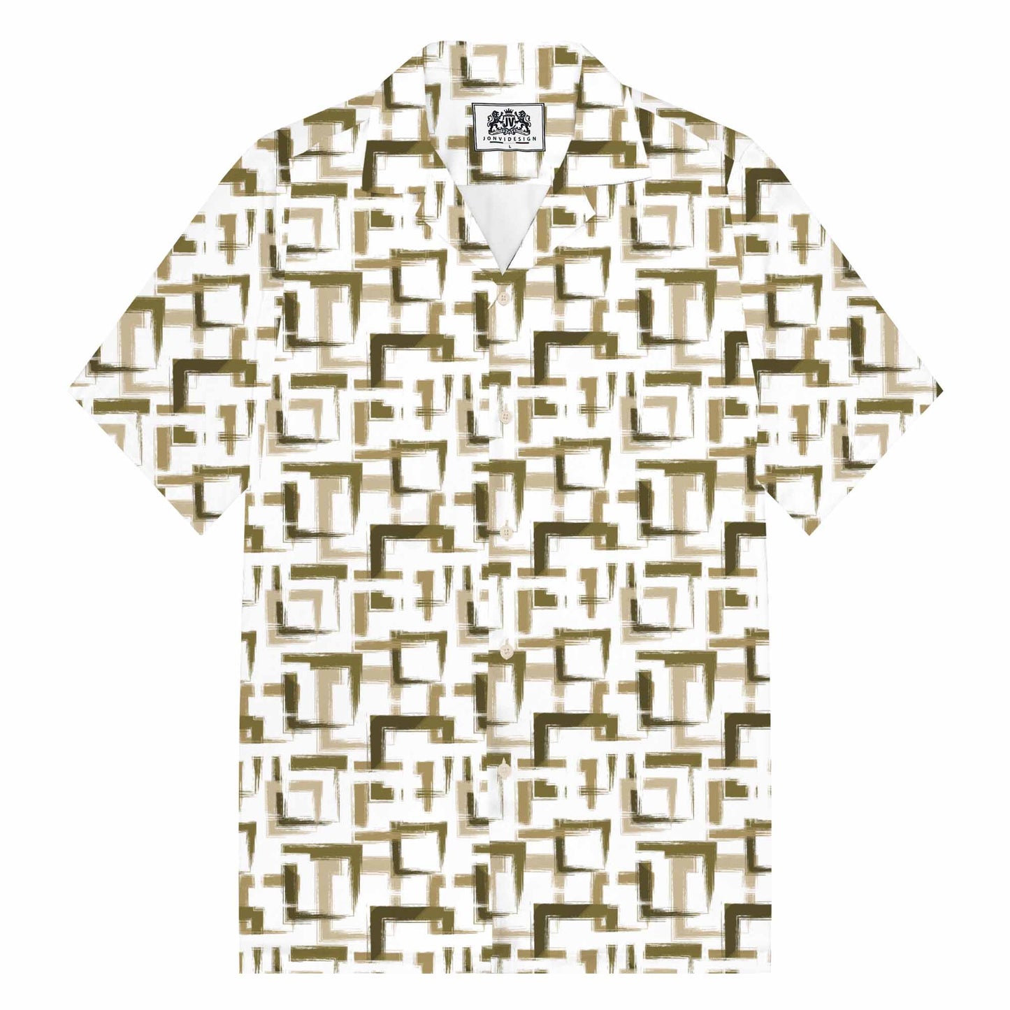 Geometric Square Block Pattern Camp Collar Short Sleeve Shirt