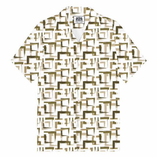Geometric Square Block Pattern Camp Collar Short Sleeve Shirt
