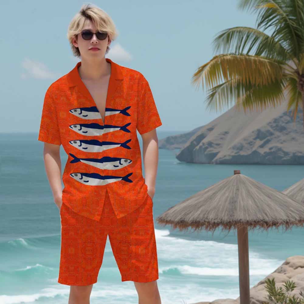 Ocean Theme Sardine Pattern Camp Collar Short Sleeve Shirt