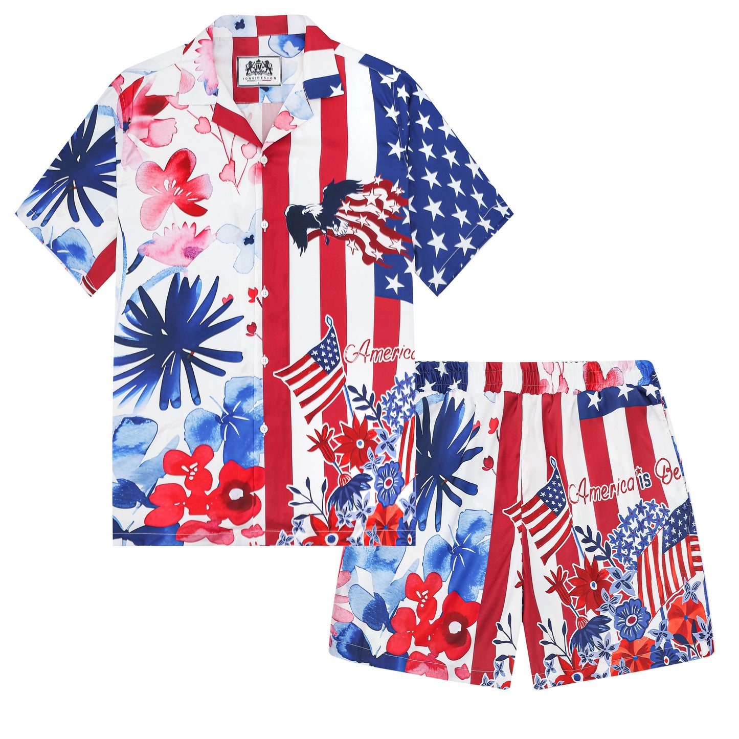 American Flag Floral Pattern Camp Collar Casual Shirt for Men
