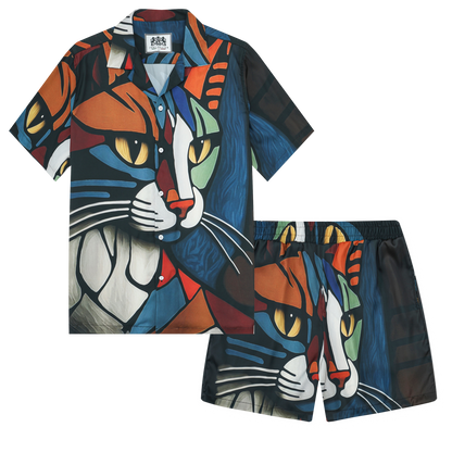 Cat  Print Elastic Waistband Casual Shorts