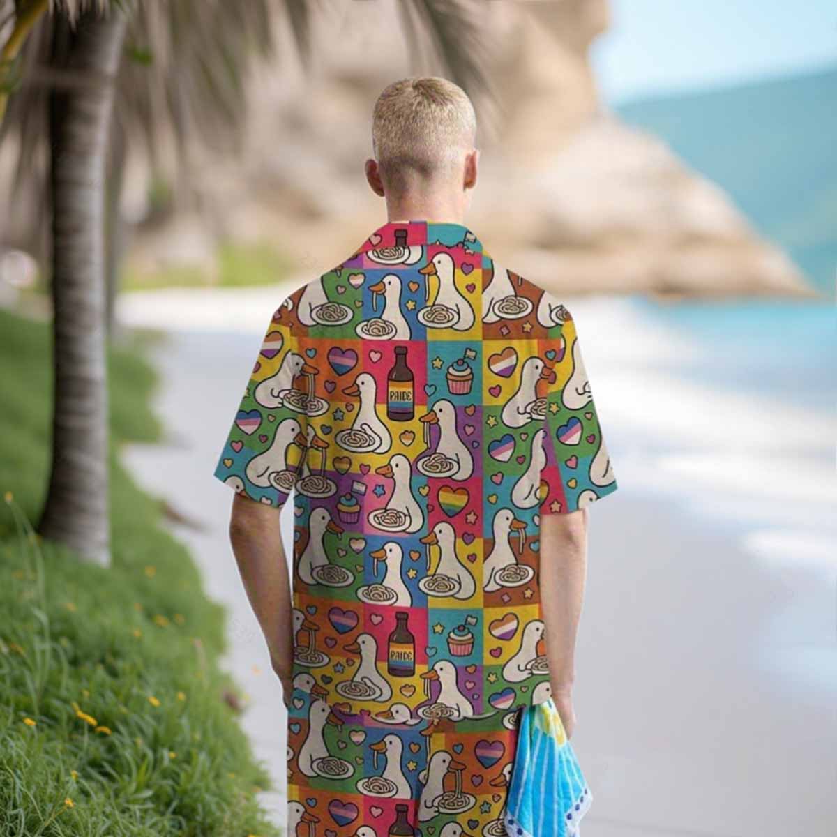 Japanese Goose Eating Spaghetti Elastic Band Hawaiian Shorts
