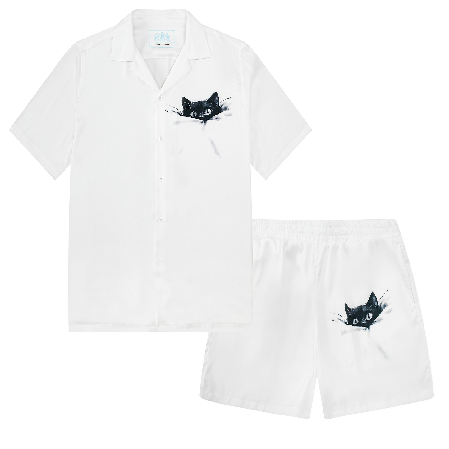 Cat Print Camp Collar Short Sleeve Shirt Simple White Style