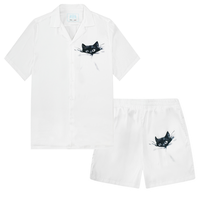 Cat Print Camp Collar Short Sleeve Shirt Simple White Style