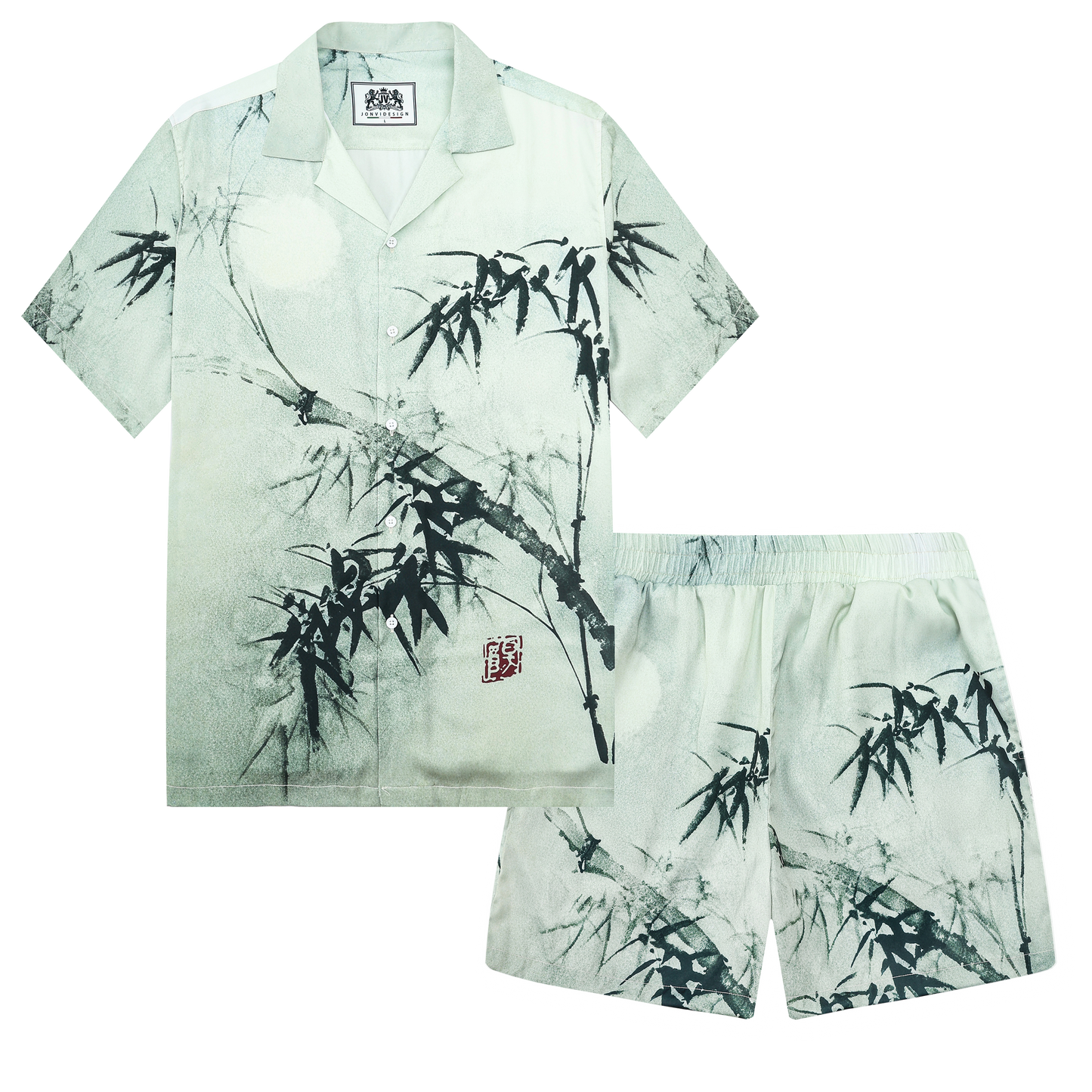 Retro Bamboo Print Design Elastic Waistband Summer Casual Shorts
