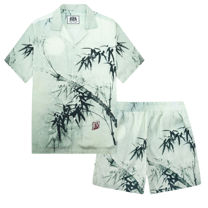 Retro Bamboo Print Design Elastic Waistband Summer Casual Shorts