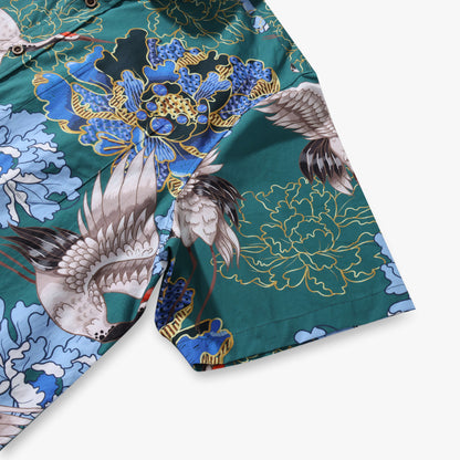 Crane Perched on Blue Peonies