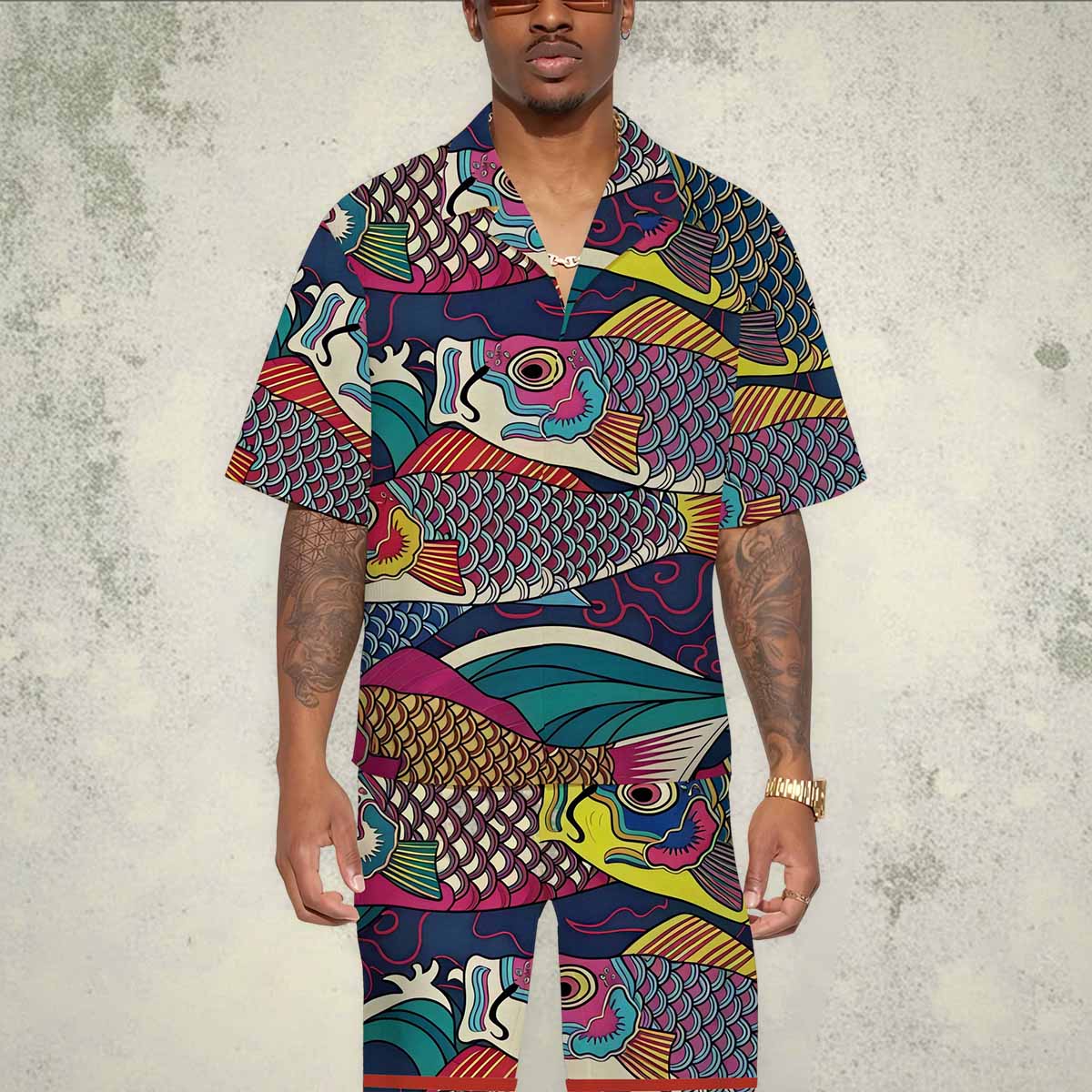 Colorful Fish Print Camp Collar Short-Sleeved Shirt