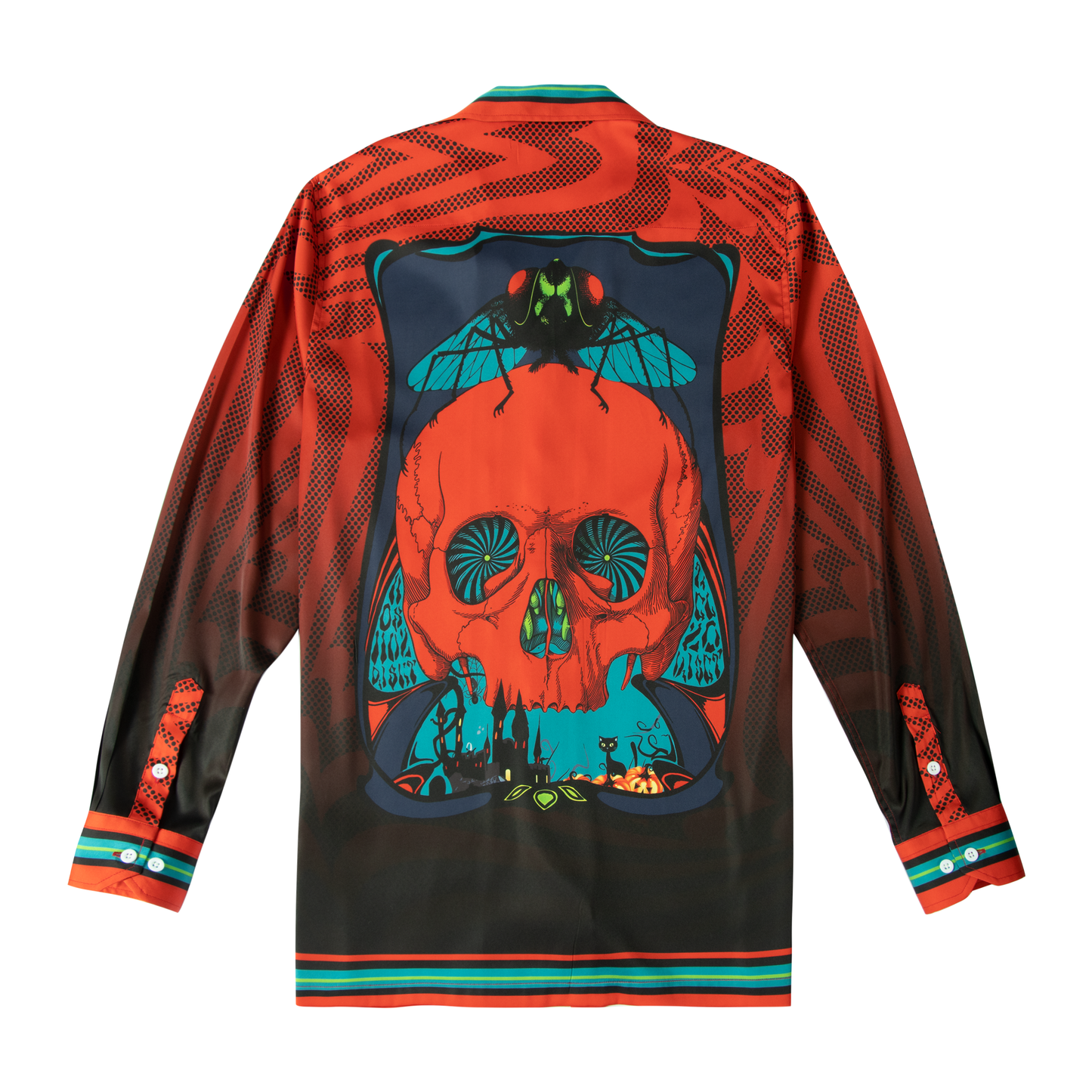 Halloween Fly Skeleton Long Sleeve Camp Collar Shirt