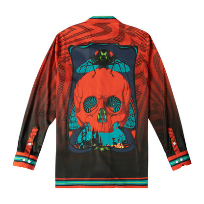 Halloween Fly Skeleton Long Sleeve Camp Collar Shirt