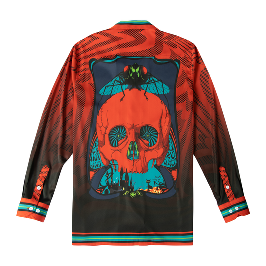Halloween Fly Skeleton Long Sleeve Camp Collar Shirt