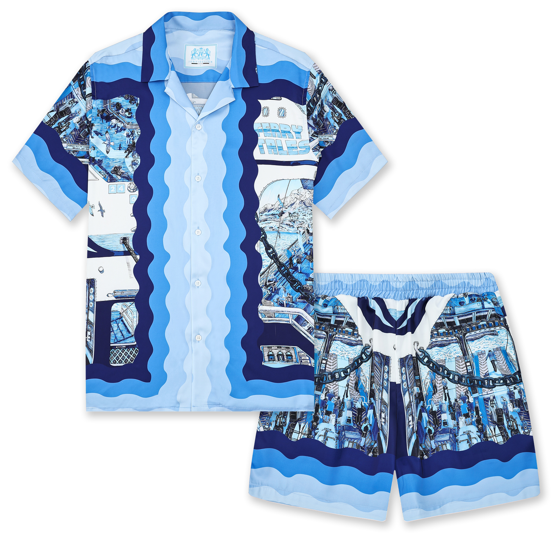 Blue Ferry Pattern Elastic Waistband Casual Shorts Jonvidesign