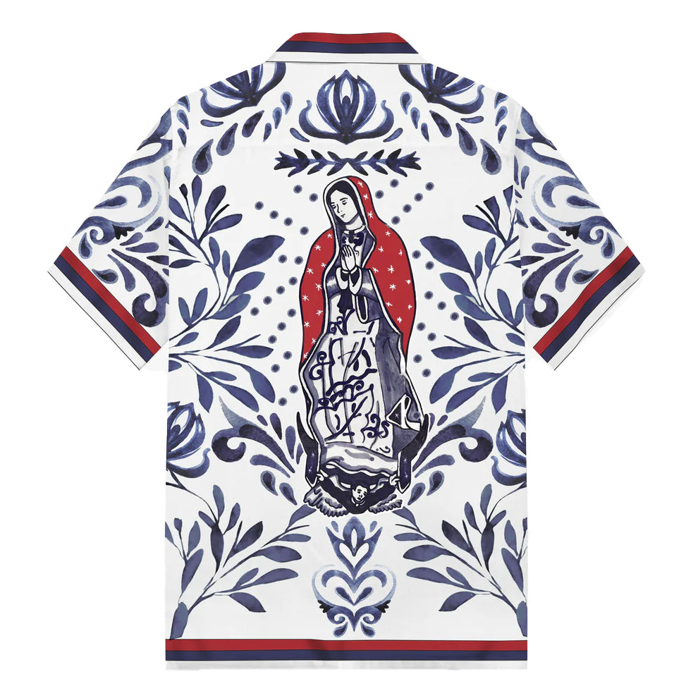 Virgin Mary Print Camp Collar Short Sleeve Shirt