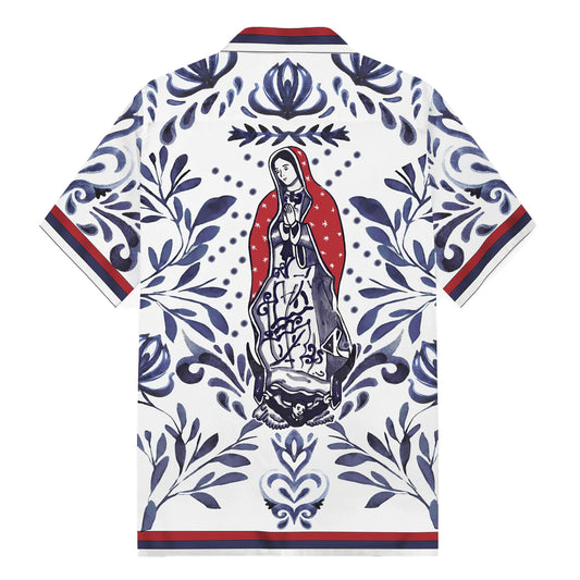 Virgin Mary Print Camp Collar Short Sleeve Shirt
