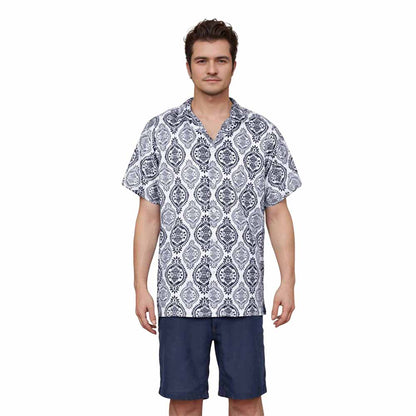 Blue And White Porcelain Pattern Elastic Waistband Summer Casual Shorts