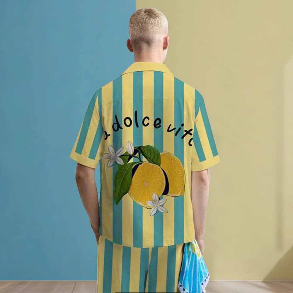 Striped Lemon Fruit And Lemon Flower Pattern Camp Collar Short Sleeve Shirt