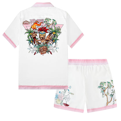Tropical Tiki Statue Floral Pattern Short Sleeve Camp Collar Shirt