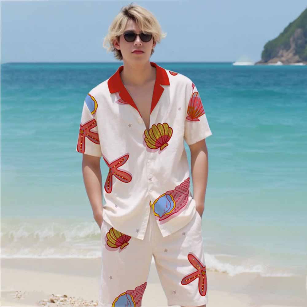 Summer Beach Theme Shell And Conch Print Camp Collar Short Sleeve Shirt