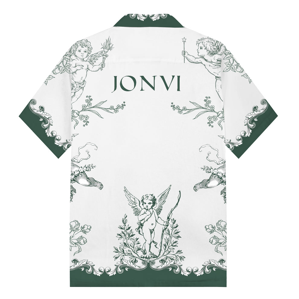 Cupid Little Angel Print Camp Collar Short Sleeve Shirt
