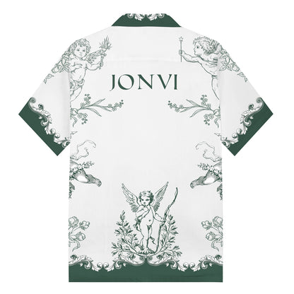 Cupid Little Angel Print Camp Collar Short Sleeve Shirt