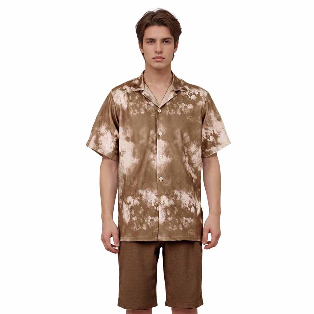 Brown Tie-Dye Statement Pattern Camp Collar Short-Sleeved Shirt
