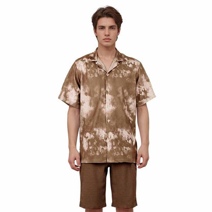 Brown Tie-Dye Statement Pattern Camp Collar Short-Sleeved Shirt