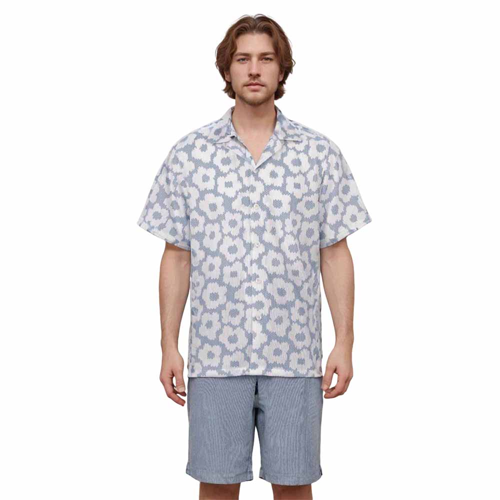 Small White Flower Pattern Camp Collar Short-Sleeved Shirt