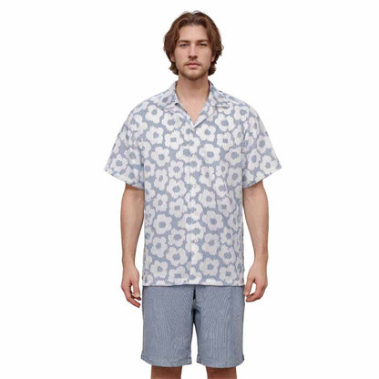Small White Flower Pattern Camp Collar Short-Sleeved Shirt