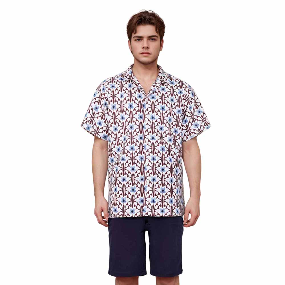 Blue Flowers Camp Collar Short-Sleeved Shirt