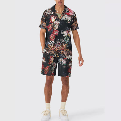 Leopard Printed Floral Silk Fiber Short Sleeve Casual Shirt