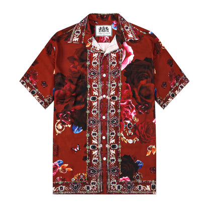 Red Rose Floral Silk Fiber Short Sleeve Casual Shirt